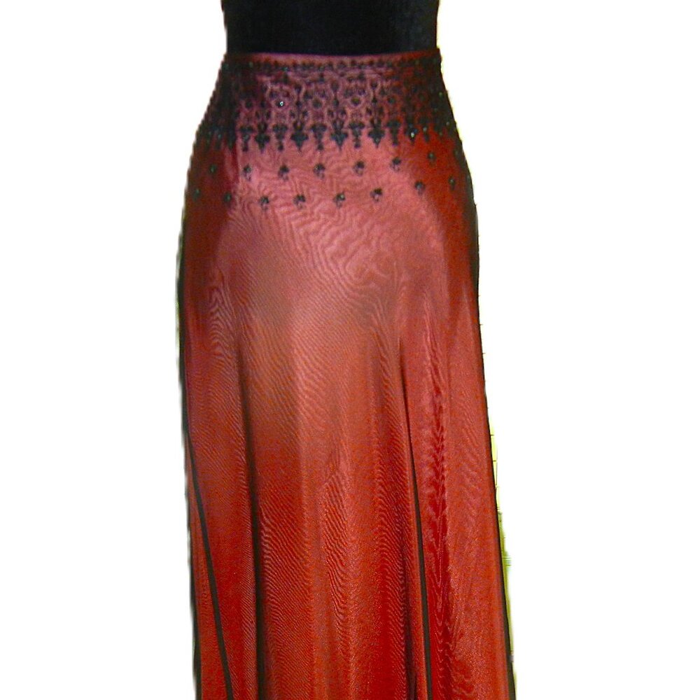 LAUNDRY Black Chiffon Silk Embroidered Crystals Long/Maxi Skirt Sz 8P  MADE USA